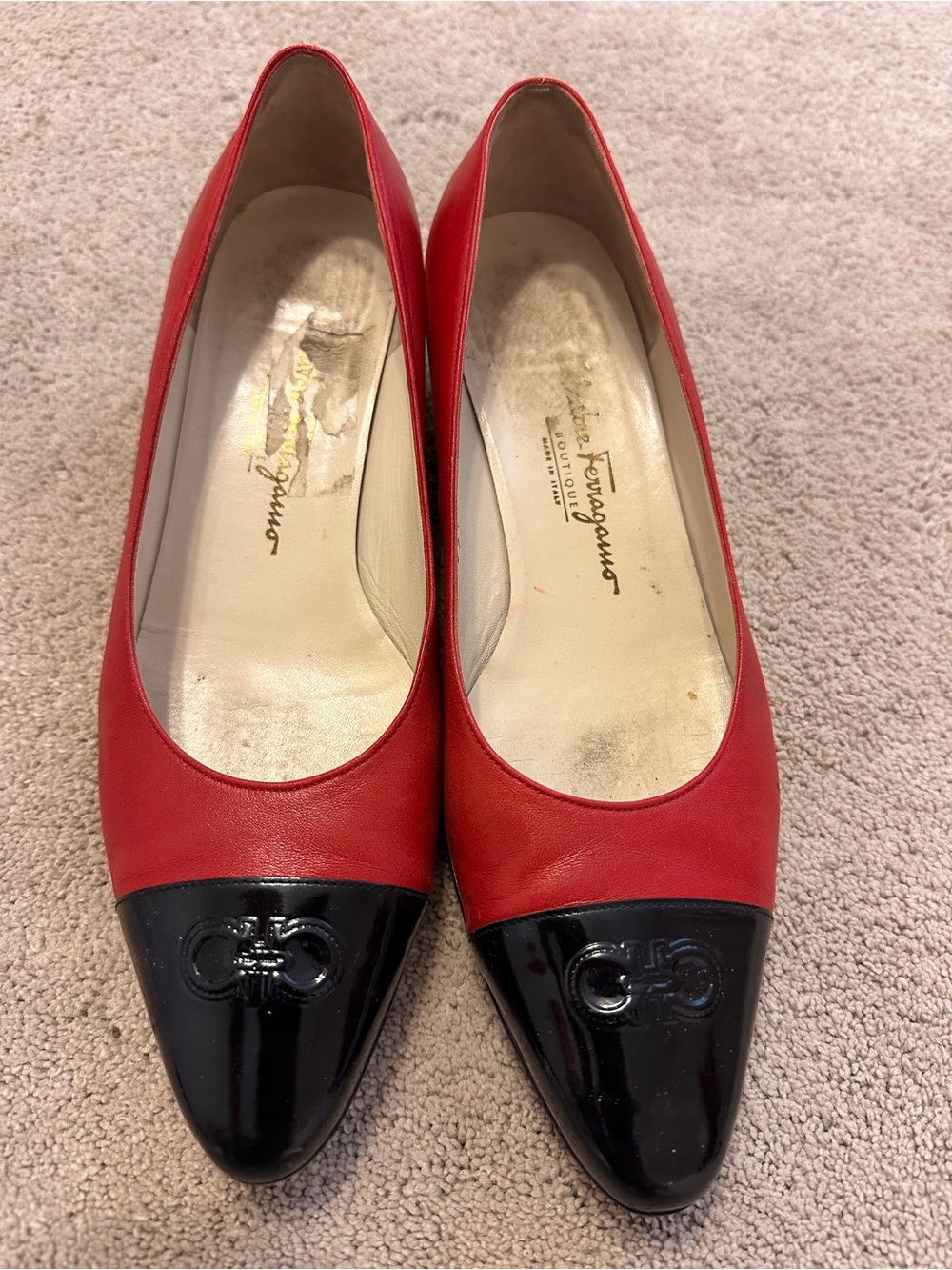 Salvatore Ferragamo Red Leather Pumps with Black Patent Toe